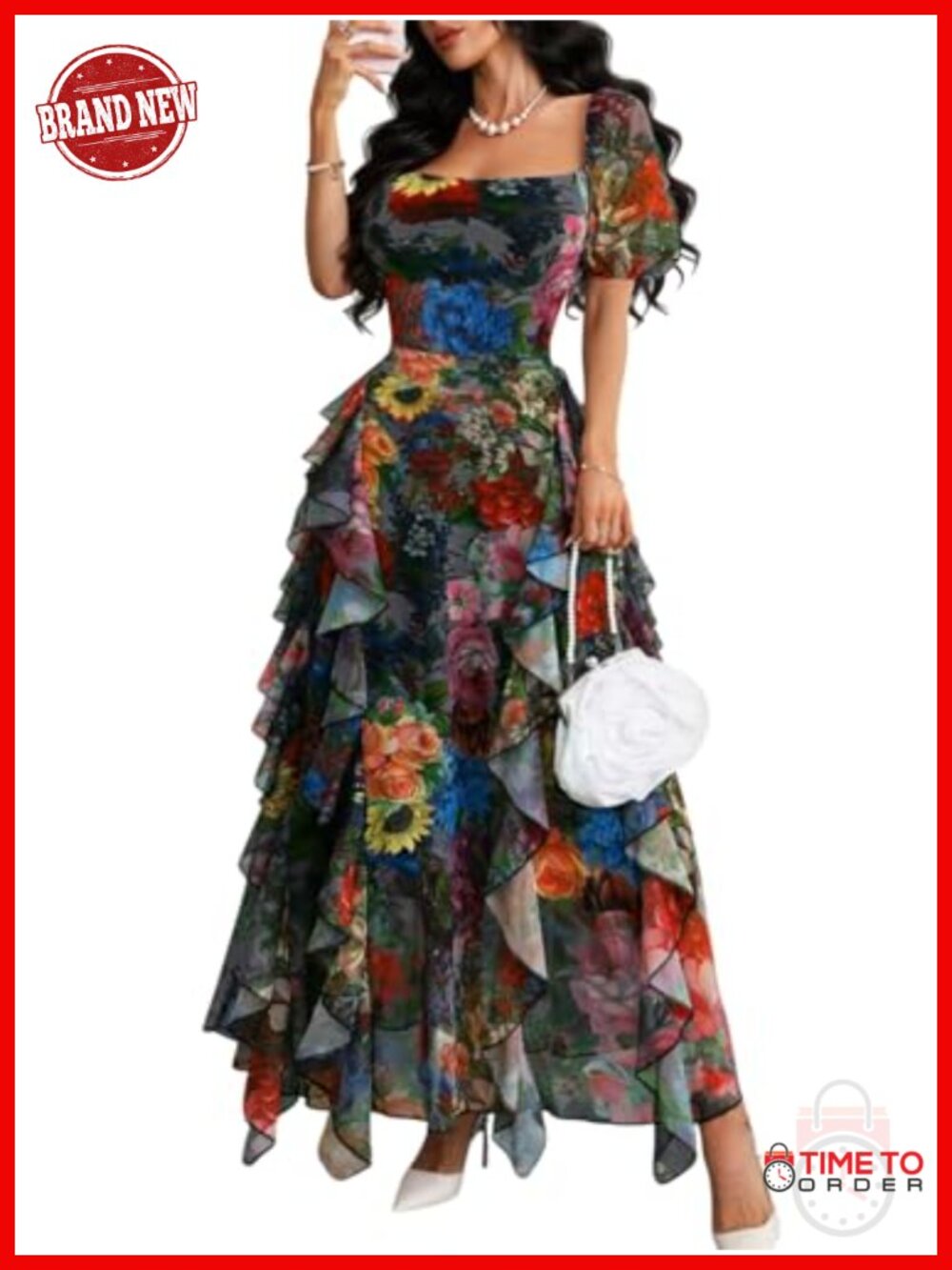 Floral Maxi Dress Square Neck Puff Sleeve Ruffle A-Line Party Dress